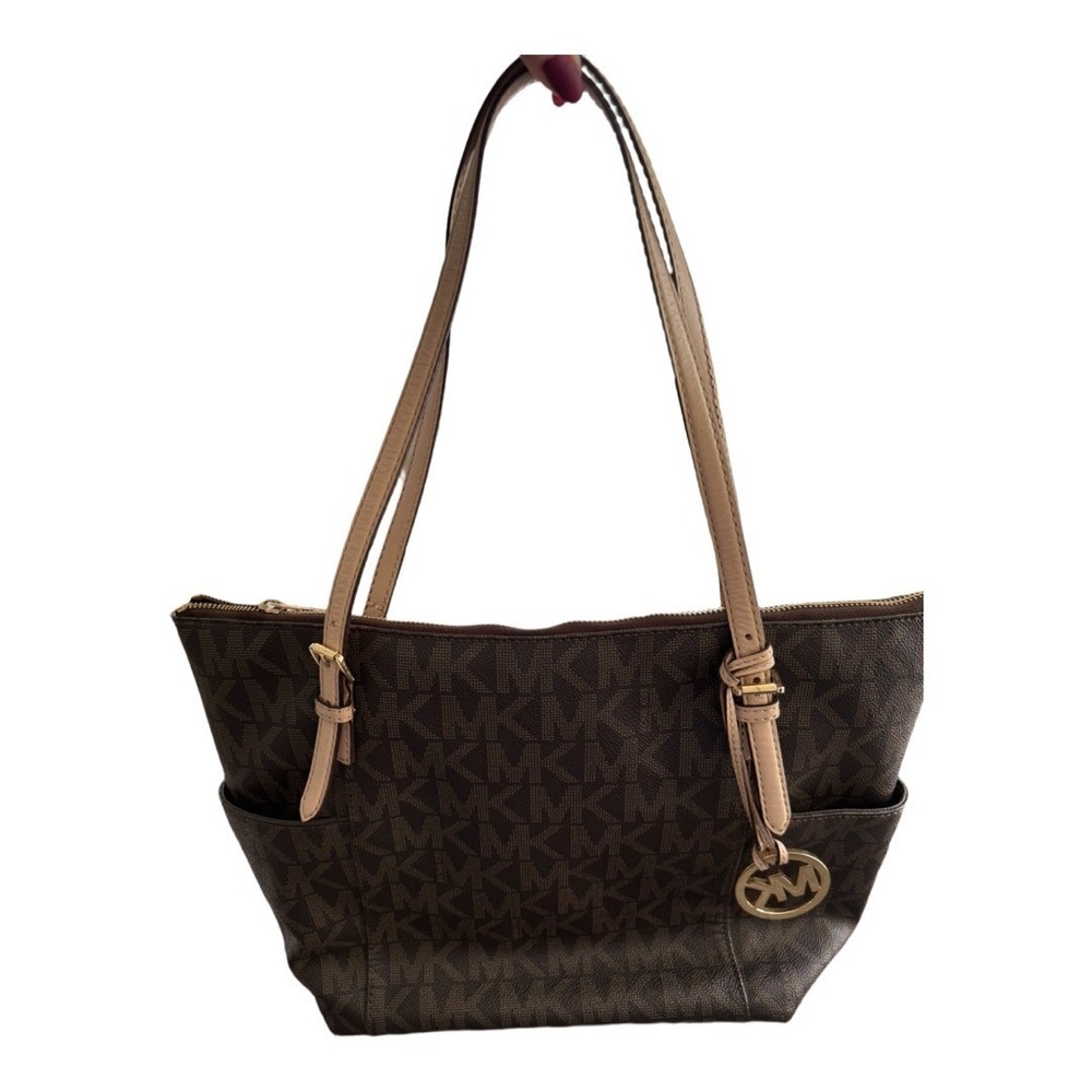 Michael Kors Jet Set East West Zip Tote Brown Signature Monogram Shoulder Bag